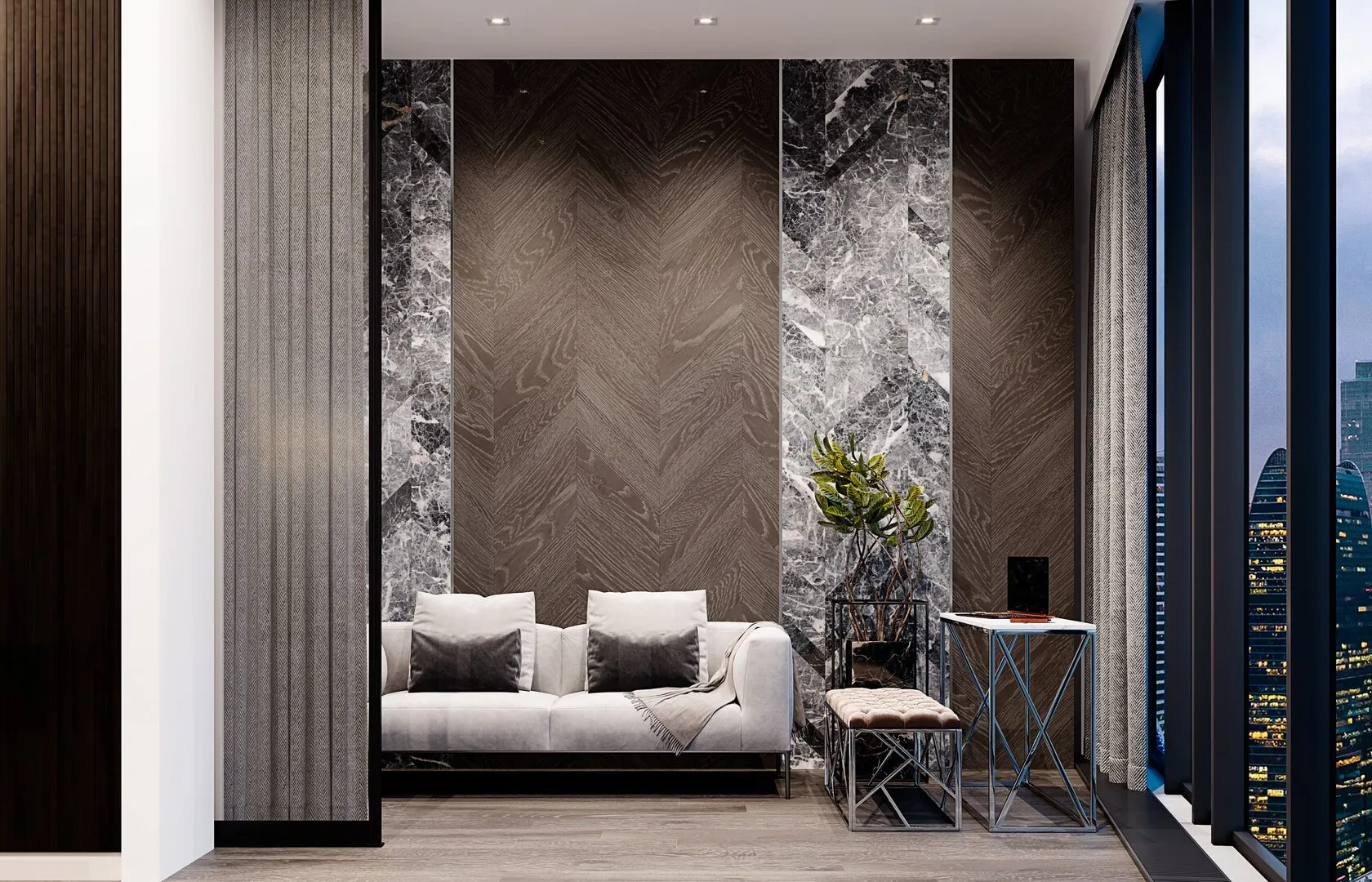 Home office cabinet with fluted wood surfaces