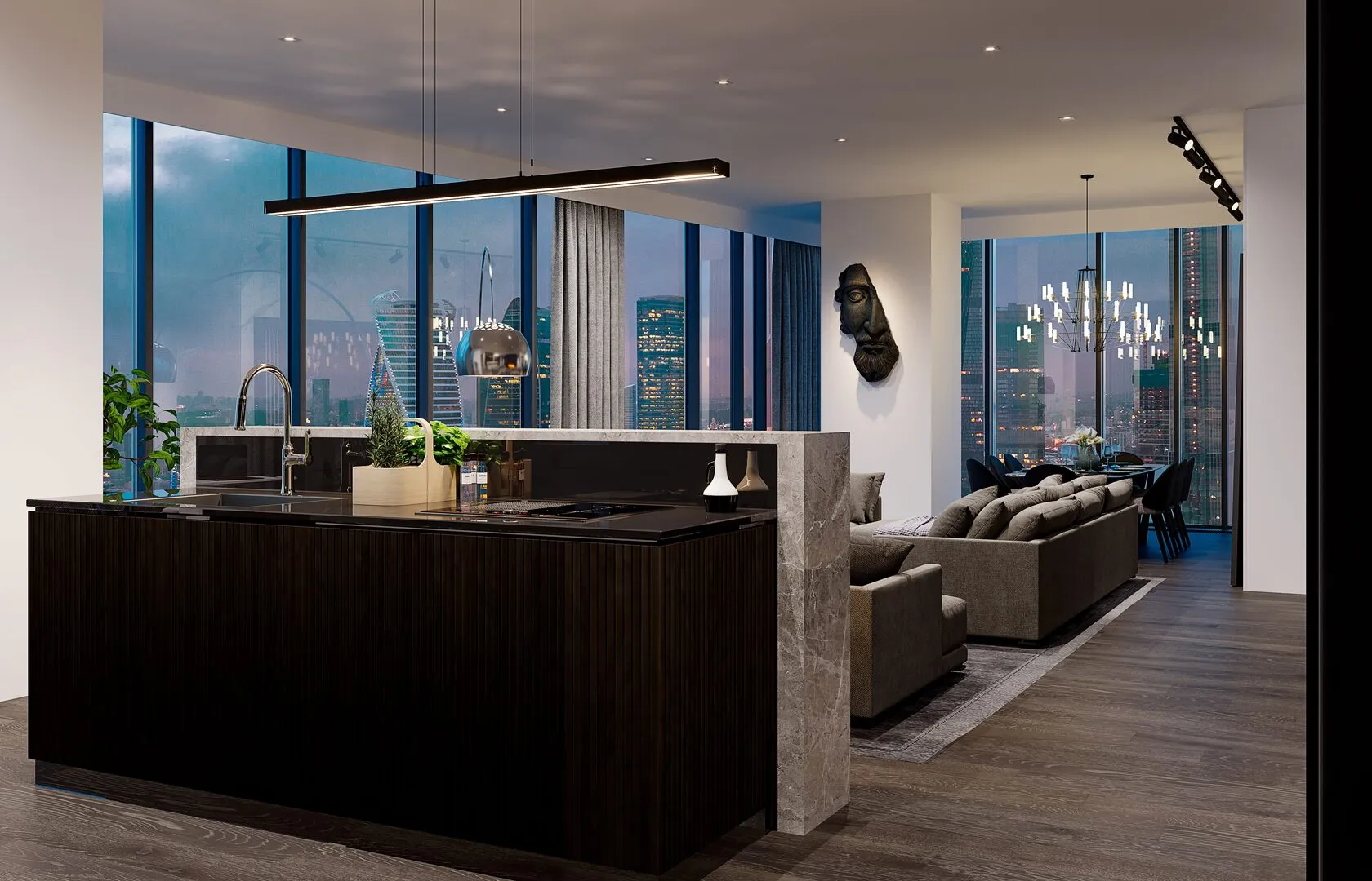 Seating area with marble and warm wood textures